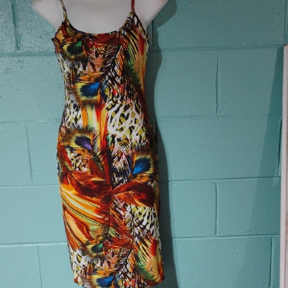 Love J Multicolor Feather Print Midi Dress